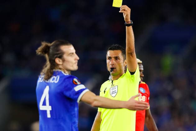16th September 2021; King Power, Leicester, England; UEFA Europa League Football, Leicester City versus Napoli; Referee Tiago Martins books Caglar Soyuncu of Leicester City  ActionPlus12323112 GrahamxWilson