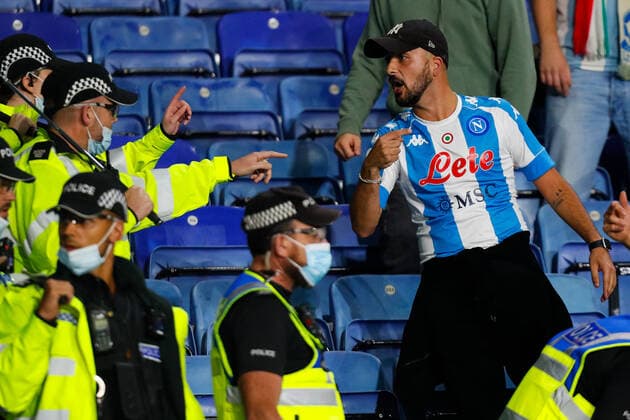 16th September 2021; King Power, Leicester, England; UEFA Europa League Football, Leicester City versus Napoli; Napoli fans protest to police officers during crowd trouble after the final whistle  ActionPlus12323140 GrahamxWilson