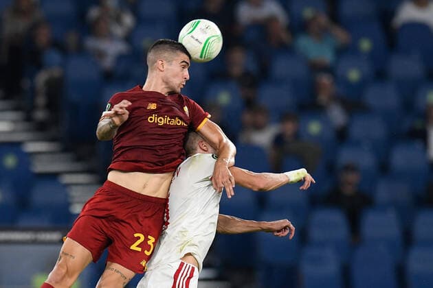 16th September 2021: Stadio Olimpico, Rome, Italy; Europa Conference League football, AS Roma versus CSKA Sofia; Gianluca Mancini of As Roma climbs high for the header  ActionPlus12323170 Allshotlive