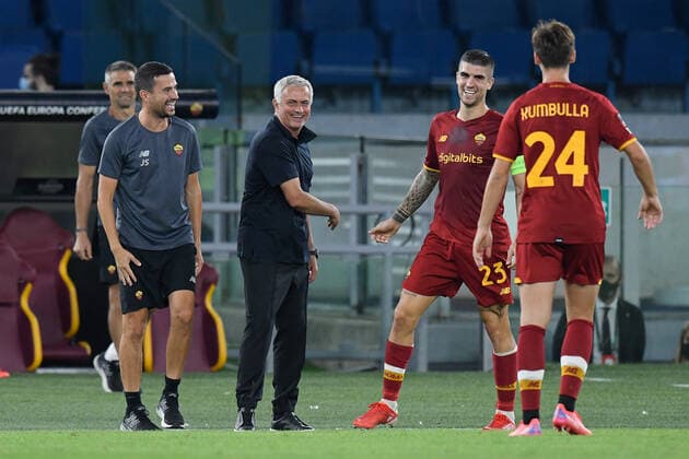 16th September 2021: Stadio Olimpico, Rome, Italy; Europa Conference League football, AS Roma versus CSKA Sofia; Jose Mourinho coach of As Roma and Gianluca Mancini of As Roma celebrate his goal  ActionPlus12323184 Allshotlive