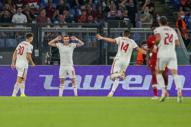 UEFA Europa Conference League - AS Roma v CSKA Sofia ROME, ITALY - SEP 16: Graham Carey of CSKA Sofia celebrates after scoring a goal during the UEFA Europa Conference League group C match between AS Roma and CSKA Sofia at Stadio Olimpico in Rome, Italy on September 16, 2021. AS Roma won the match 5-1. Rome Olympic Stadium Italy 6976_247349 Copyright: xGiampieroxSposito PentaxPressx