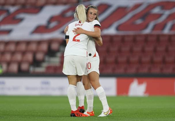 Southampton, England, 17th September 2021. Ella Toone (R) of England celebrates with Rachel Daly after she scores the first goal during the FIFA 2023 Women s World Cup Qualifying match at St Mary s Stadium, Southampton. Picture credit should read: Paul Terry Sportimage EDITORIAL USE ONLY. No use with unauthorised audio, video, data, fixture lists, club league logos or live services. Online in-match use limited to 120 images, no video emulation. No use in betting, games or single club league player publications. SPI-1202-0011