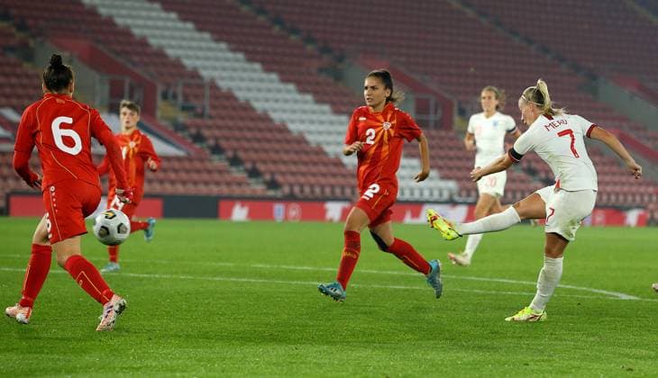 Southampton, England, 17th September 2021. Georgia Stanway of England scores to make it 8-0 during the FIFA 2023 Women s World Cup Qualifying match at St Mary s Stadium, Southampton. Picture credit should read: Paul Terry Sportimage EDITORIAL USE ONLY. No use with unauthorised audio, video, data, fixture lists, club league logos or live services. Online in-match use limited to 120 images, no video emulation. No use in betting, games or single club league player publications. SPI-1202-0033