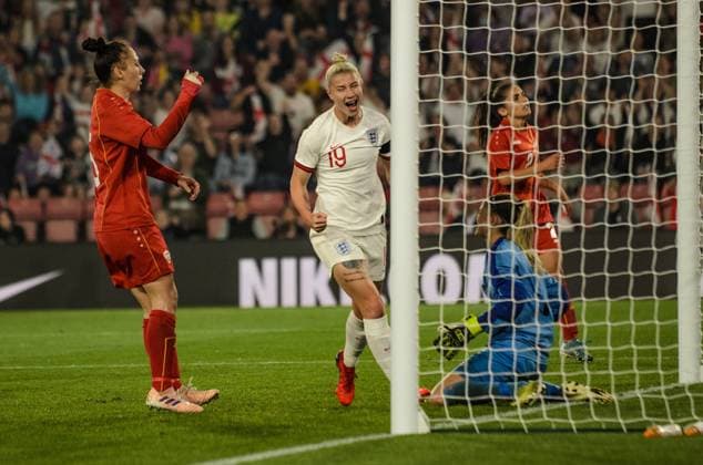 Bethany England (England 19) celebrates scoring her first goal of the evening during the Women?s World Cup Qualifier between England and North Macedonia at St Marys Stadium,Southampton UK Daniel Haswell 