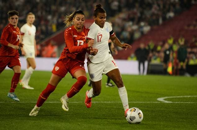 Nikita Parris (England 17) battles with the defender for possession of the ball during the Women?s World Cup Qualifier between England and North Macedonia at St Marys Stadium,Southampton UK Daniel Haswell 