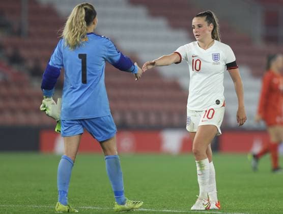 Southampton, England, 17th September 2021. Ella Toone of England shakes hands with Suarta Dervishi of North Macedonia after the FIFA 2023 Women s World Cup Qualifying match at St Mary s Stadium, Southampton. Picture credit should read: Paul Terry Sportimage EDITORIAL USE ONLY. No use with unauthorised audio, video, data, fixture lists, club league logos or live services. Online in-match use limited to 120 images, no video emulation. No use in betting, games or single club league player publications. SPI-1202-0075