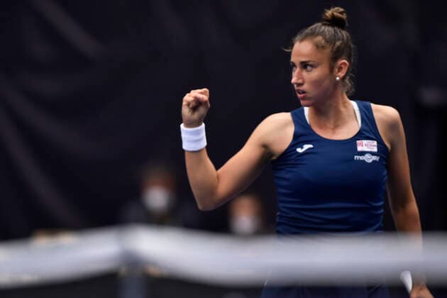 Sport Bilder des Tages Sara Sorribes Tormo (ESP) in action during the match against Anastasia Zakharova during the J&T Banka Ostrava Open 2021 women s WTA, Tennis Damen indoor tennis tournament in Ostrava, Czech Republic, on Monday, September 20, 2021. (CTKxPhoto JaroslavxOzana) CTKPhotoP2021092004868  JAO 07