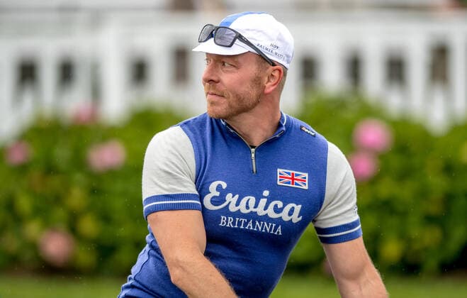 The Track Parade Eroica Britannia Cycle Moment with Sir Chris Hoy at the head of the riders at the Goodwood Revival Festival at the Goodwood Circuit, Sussex, UK on 19 September 2021. Copyright: xPhilxHutchinsonx 29300131