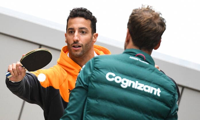 6657302 23.09.2021 McLaren driver Daniel Ricciardo of Australia plays Table tennis, Tischtennis with Aston Martin s German driver Sebastian Vettel during preparations for the 2021 Formula One Russian Grand Prix, at the Sochi Autodrom racing circuit, in Sochi, Russia. Formula One Russian Grand Prix will be held in Sochi from 24 to 26 September. Vladimir Astapkovich Sputnik Russia Motor Formula 1 Preparations  890b4cdc54282ff3