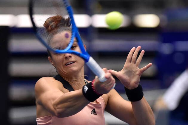 Maria Sakkari of Greece returns a shot to Jelena Ostapenko of Latvia during the J&T Banka Ostrava Open 2021 women s WTA, Tennis Damen indoor tennis tournament in Ostrava, Czech Republic, September 23, 2021. (CTKxPhoto JaroslavxOzana) CTKPhotoP2021092306037  JAO 01