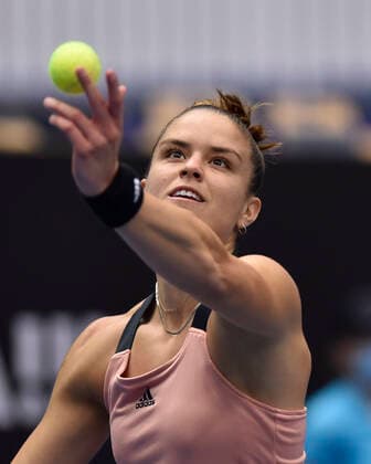 Maria Sakkari of Greece serves to Jelena Ostapenko of Latvia during the J&T Banka Ostrava Open 2021 women s WTA, Tennis Damen indoor tennis tournament in Ostrava, Czech Republic, September 23, 2021. (CTKxPhoto JaroslavxOzana) CTKPhotoP2021092306495  JAO 05