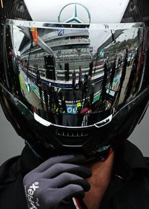 SOCHI, RUSSIA - SEPTEMBER 23, 2021: A Mercedes driver is seen ahead of the 2021 Formula One Russian Grand Prix to be held in Sochi on September 24-26, 2021, at the Sochi Autodrom racing circuit. Sergei Fadeichev TASS  TS1119B9