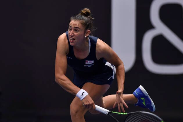 Sara Sorribes Torm of Spain returns a shot to Belinda Bencic of Switzerland during the J&T Banka Ostrava Open 2021 women s WTA, Tennis Damen indoor tennis tournament in Ostrava, Czech Republic, September 23, 2021. (CTKxPhoto JaroslavxOzana) CTKPhotoP2021092308867  JAO 41