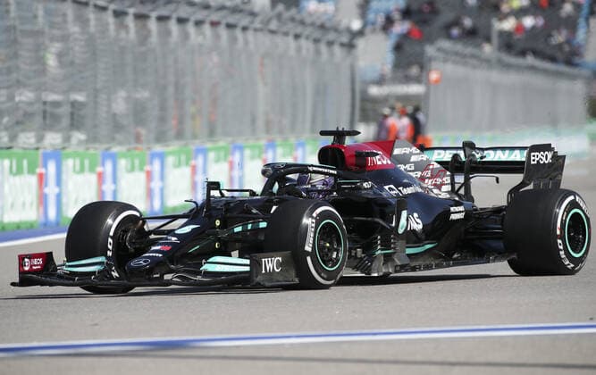 SOCHI, RUSSIA - SEPTEMBER 24, 2021: Mercedes AMG Petronas driver Lewis Hamilton is seen during Practice Session 1 at the 2021 Formula 1 Russian Grang Prix at the Sochi Autodrom racing circuit. Sergei Fadeichev TASS  TS111B26