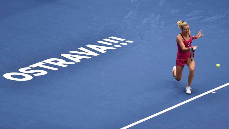 Tereza Martincova of Czech Republic in action during the match against Maria Sakkari of Greece at the J&T Banka Ostrava Open 2021 women s WTA, Tennis Damen indoor tennis tournament in Ostrava, Czech Republic, September 24, 2021. (CTKxPhoto JaroslavxOzana) CTKPhotoP2021092405994  JAO 09
