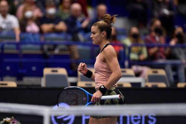 Maria Sakkari of Greece celebrates victory after the match against Tereza Martincova of Czech Republic at the J&T Banka Ostrava Open 2021 women s WTA, Tennis Damen indoor tennis tournament in Ostrava, Czech Republic, September 24, 2021. (CTKxPhoto JaroslavxOzana) CTKPhotoP2021092406126  JAO 11