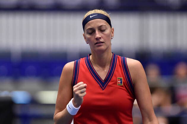 Czech Petra Kvitova in action during the match against Swiss Jil Teichmann at the J&T Banka Ostrava Open 2021 women s WTA, Tennis Damen indoor tennis tournament in Ostrava, Czech Republic, September 24, 2021. (CTKxPhoto JaroslavxOzana) CTKPhotoP2021092407935  JAO 46