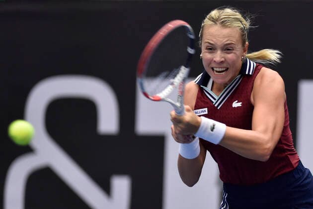 Estonian Anett Kontaveit in action during the match against Swiss Belinda Bencic at the J&T Banka Ostrava Open 2021 women s WTA, Tennis Damen indoor tennis tournament in Ostrava, Czech Republic, September 24, 2021. (CTKxPhoto JaroslavxOzana) CTKPhotoP2021092409330  JAO 69