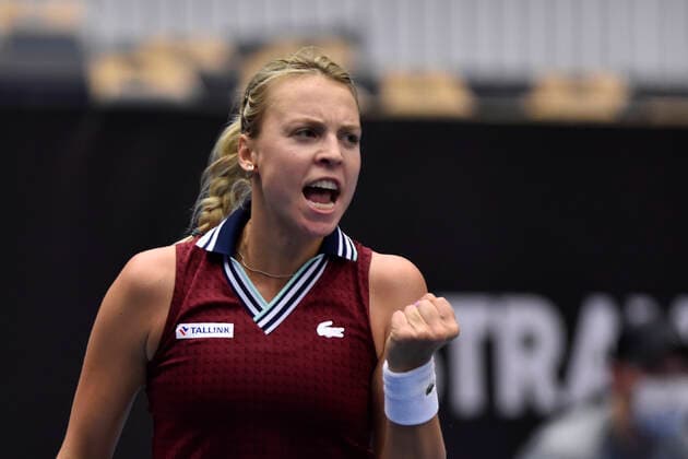 Estonian Anett Kontaveit in action during the match against Swiss Belinda Bencic at the J&T Banka Ostrava Open 2021 women s WTA, Tennis Damen indoor tennis tournament in Ostrava, Czech Republic, September 24, 2021. (CTKxPhoto JaroslavxOzana) CTKPhotoP2021092409529  JAO 77