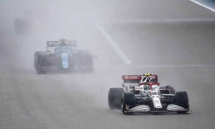 SOCHI, RUSSIA â€“ SEPTEMBER 25, 2021: Alfa Romeo Racing F1 Team driver Antonio Giovinazzi of Italy competes in a qualifying session for the 2021 Formula One Russian Grand Prix, at the Sochi Autodrom racing circuit. Sergei Fadeichev TASS  TS111E4B