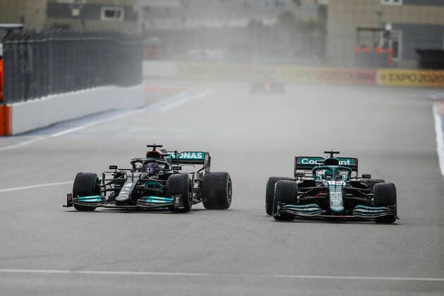 44 Lewis Hamilton (GBR, Mercedes-AMG Petronas F1 Team), 18 Lance Stroll (CAN, Aston Martin Cognizant F1 Team), F1 Grand Prix of Russia at Sochi Autodrom on September 25, 2021 in Sochi, Russia. (Photo by HOCH ZWEI) Sochi Russia