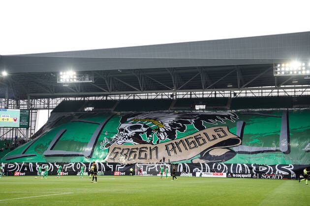 Tifo - banderole - tribune - supporters - drapeaux FOOTBALL : Saint Etienne vs Nice - Ligue 1 - Saint Etienne - 25 09 2021 FedericoPestellini Panoramic 
