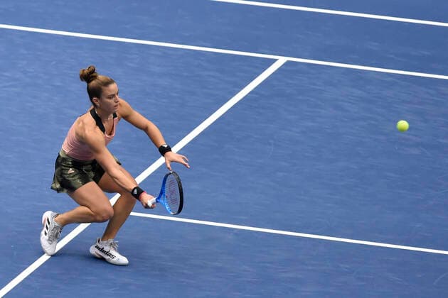 Maria Sakkari of Greece in action during the match against Iga Swiatek of Poland at the J&T Banka Ostrava Open 2021 women s WTA, Tennis Damen indoor tennis tournament in Ostrava, Czech Republic, September 25, 2021. (CTKxPhoto JaroslavxOzana) CTKPhotoP2021092503717  JAO 09