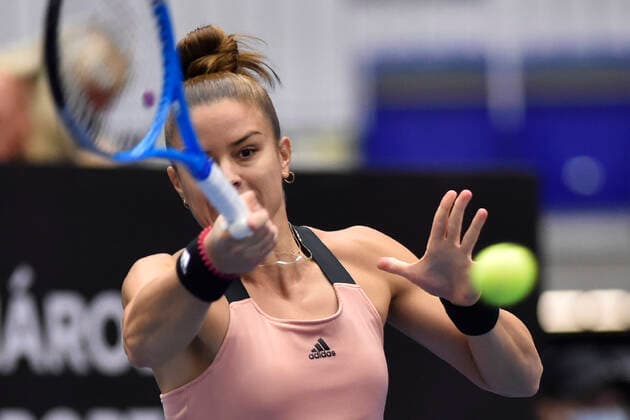 Maria Sakkari of Greece in action during the match against Iga Swiatek of Poland at the J&T Banka Ostrava Open 2021 women s WTA, Tennis Damen indoor tennis tournament in Ostrava, Czech Republic, September 25, 2021. (CTKxPhoto JaroslavxOzana) CTKPhotoP2021092504186  JAO 14