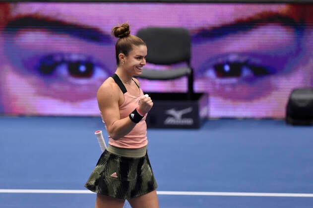 Maria Sakkari of Greece celebrates victory after the match against Iga Swiatek of Poland at the J&T Banka Ostrava Open 2021 women s WTA, Tennis Damen indoor tennis tournament in Ostrava, Czech Republic, September 25, 2021. (CTKxPhoto JaroslavxOzana) CTKPhotoP2021092504322  JAO 20