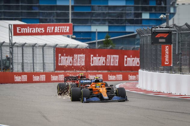 04 NORRIS Lando (gbr), McLaren MCL35M , action and 55 SAINZ Carlos (spa), Scuderia Ferrari SF21 and during the Formula 1 VTB Russian Grand Prix 2021, 15th round of the 2021 FIA Formula One World Championship, WM, Weltmeisterschaft from September 24 to 26, 2021 on the Sochi Autodrom, in Sochi, Russia - Photo Xavi Bonilla DPPI FORMULE 1 : Grand prix de Russie - Sotchi - 26 09 2021 DPPI PANORAMIC  _B2_5298