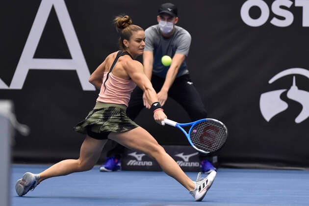 Maria Sakkari of Greece in action during the final match against Anett Kontaveit of Estonia at the J&T Banka Ostrava Open 2021 women s WTA, Tennis Damen indoor tennis tournament in Ostrava, Czech Republic, September 26, 2021. (CTKxPhoto JaroslavxOzana) CTKPhotoP2021092604413  JAO 04