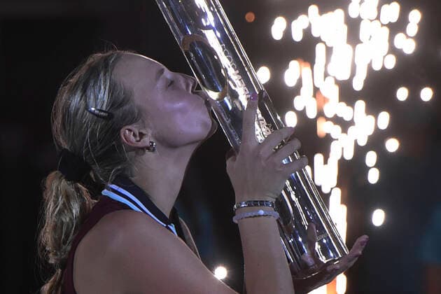 Anett Kontaveit of Estonia celebrates victory after the final match against Maria Sakkari of Greece at the J&T Banka Ostrava Open 2021 women s WTA, Tennis Damen indoor tennis tournament in Ostrava, Czech Republic, September 26, 2021. (CTKxPhoto JaroslavxOzana) CTKPhotoP2021092605148  JAO 20