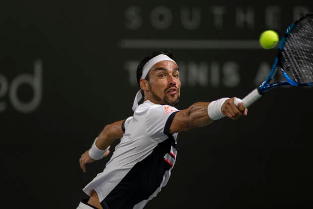 September 27, 2021, San Diego, California, USA: FABIO FOGNINI of Italy returns the ball to American Brandon Nakashima during the San Diego Open tennis tournament. Fognini lost 6-7 (5), 6-1, 7-5. San Diego USA - ZUMAb202 20210928_znp_b202_007 Copyright: xDavidxBarakx