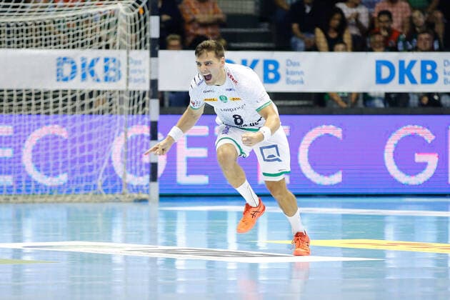 26.09.2021, xgox,Handball - Liqui Moly HBL, SC Magdeburg - SC DHfK Leipzig emspor, v.l. Lucas Krzikalla (Leipzig, 8) Jubel, Torjubel, jubelt ueber das Tor, celebrate the goal, celebration Magdeburg
