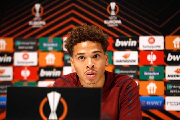 ANTWERPEN, BELGIUM - SEPTEMBER 29 : Manuel Benson forward of Antwerp FC during the press conference, PK, Pressekonferenz and training session the day before the Europa League Group D game between Royal Antwerp and Eintracht Frankfurt on September 29, 2021 in Antwerpen, Belgium, 29 09 2021 ( Antwerp FC v Eintracht Frankfurt - Europa League Day_1 PhotoNews Panoramic 