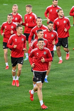 Adam Gabriel of Sparta, center, attends a training prior to Europa League football Group A match Sparta Prague vs Glasgow Rangers in Prague, Czech Republic, September 29, 2021. (CTKxPhoto MichalxKamaryt) CTKPhotoP2021092907864  kmt