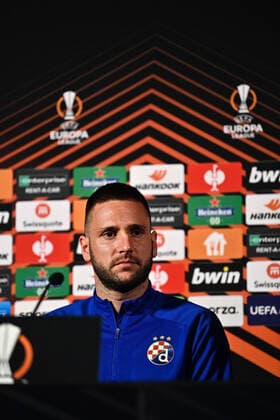 Dinamo s Duje Cop pictured during a press conference, PK, Pressekonferenz of Croatian team Dinamo Zagreb, Wednesday 29 September 2021, in Genk, ahead of tomorrow s Europa League game against Belgian soccer team KRC Genk, on the second day (out of six) in Group H. JOHANxEYCKENS  x3103170x