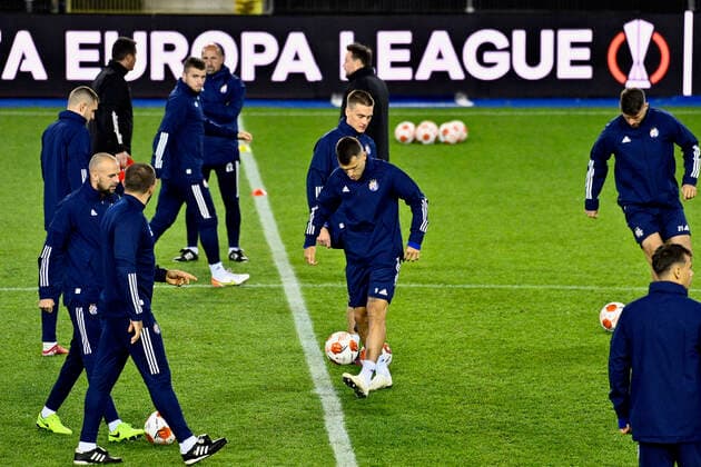 Dinamo s players pictured in action during a training session of Croatian team Dinamo Zagreb, Wednesday 29 September 2021, in Genk, ahead of tomorrow s Europa League game against Belgian soccer team KRC Genk, on the second day (out of six) in Group H. JOHANxEYCKENS  x3103178x