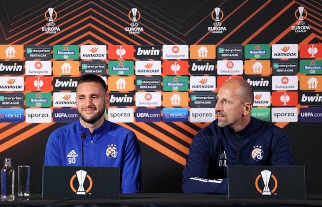 UEFA Europa League - GNK Dinamo Zagreb press Coach of Dinamo Zagreb Damir Krznar (R) and player Duje Cop speaks on press conference, PK, Pressekonferenz at Cegeka Arena ahead of UEFA Europa league match between Genk and Dinamo Zagreb, in Genk, Belgium on September 29, 2021. MarkoxPrpic PIXSELL