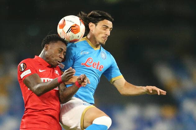 Italy: Europa League football match SSC Napoli vs Spartak Mosca Spartak Mosca s Nigerian midfielder Victor Moses (L) challenges for the ball with SSC Napoli s Macedonian midfielder Eljif Elmas during the UEFA Europa League first round day three Group C football match between SSC Napoli and Spartak Mosca at the Diego Armando Maradona Stadium in Naples, southern Italy, on September 30, 2021. ABPH2589 Copyright: xAntonioxBalascox