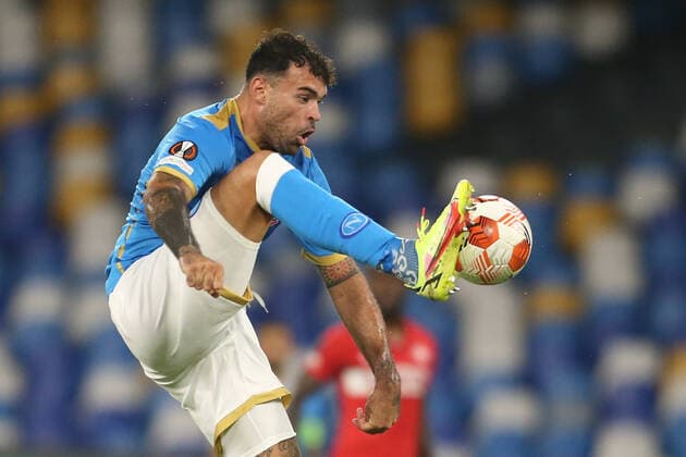 Italy: Europa League football match SSC Napoli vs Spartak Mosca SSC Napoli s Italian striker Andrea Petagna controls the ball during the UEFA Europa League first round day three Group C football match between SSC Napoli and Spartak Mosca at the Diego Armando Maradona Stadium in Naples, southern Italy, on September 30, 2021. ABPH2737 Copyright: xAntonioxBalascox