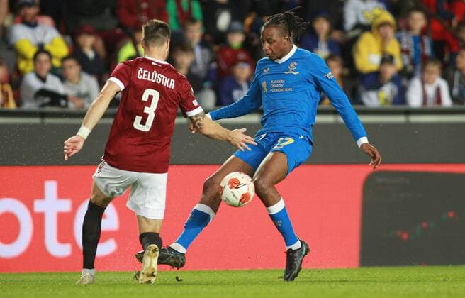 Mandatory Credit: Photo by Milan Kammermayer Shutterstock (12516383t) Joe Aribo of Rangers and Ondrej Celustka of Sparta Prague Sparta Prague v Rangers, UEFA Europa League Group A, Football, Generali Arena, Prague, Czech Republic - 30 Sep 2021 Sparta Prague v Rangers, UEFA Europa League Group A, Football, Generali Arena, Prague, Czech Republic - 30 Sep 2021 Copyright: xMilanxKammermayer Shutterstockx 12516383t