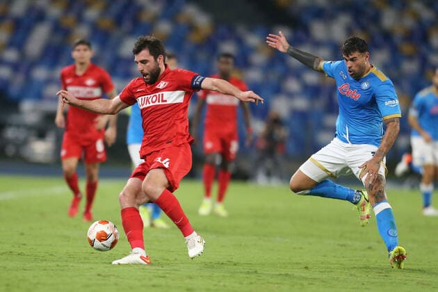 Italy: Europa League football match SSC Napoli vs Spartak Mosca Spartak Mosca s Russian defender Georgi Dzhikiya controls the ball during the UEFA Europa League first round day three Group C football match between SSC Napoli and Spartak Mosca at the Diego Armando Maradona Stadium in Naples, southern Italy, on September 30, 2021. ABPH2707 Copyright: xAntonioxBalascox