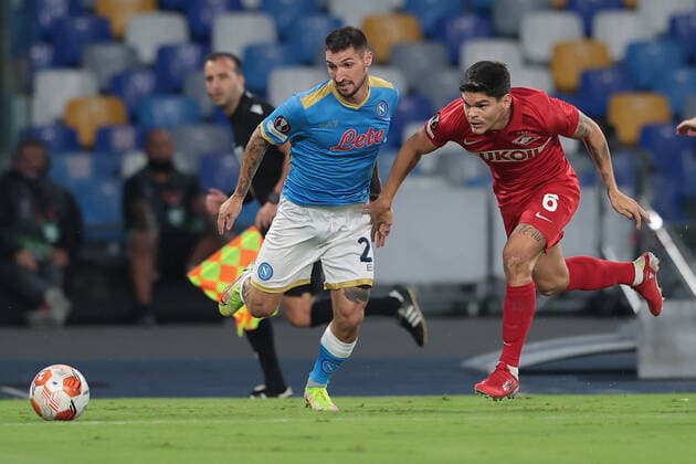 Photo Alessandro Garofalo LaPresse September 30, 2020 Naples, Italy soccer Napoli vs Spartak Mosca - Europa League 2021 2022 - Diego Armando Maradona stadium. In the pic: Matteo Politano (SSC Napoli); Ayrton Lucas (FC Spartak Mosca);  Copyright: xAlessandroxGarofalo LaPressex