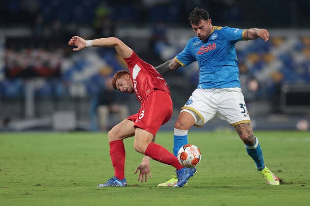 Photo Alessandro Garofalo LaPresse September 30, 2020 Naples, Italy soccer Napoli vs Spartak Mosca - Europa League 2021 2022 - Diego Armando Maradona stadium. In the pic: Andrea Petagna (SSC Napoli); Maximiliano Caufriez (FC Spartak Mosca);  Copyright: xAlessandroxGarofalo LaPressex