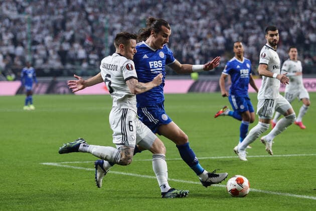 30.09.2021 Warszawa Pilka nozna Liga Europy 2021 2022, faza grupowa Legia Warszawa - Leicester City N z Mattias Johansson, Caglar Soyuncu Foto Adam Starszynski PressFocus 30.09.2021 Warsaw Football Europa League 2021 2022, group stage Legia Warszawa - Leicester City Mattias Johansson, Caglar Soyuncu Credit Adam Starszynski PressFocus NEWSPIX.PL --- Newspix.pl  20210930PF_AS068