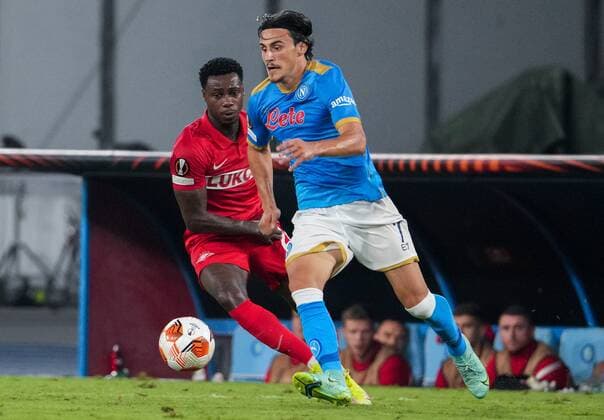 6663011 30.09.2021 Spartak s Quincy Promes, left, and Napoli s Eljif Elmas struggle for a ball during the Europa League soccer match between Napoli and Spartak Moscow, at Diego Armando Maradona stadium, in Naples, Italy. Alexander Vilf Sputnik Italy Soccer Europa League Napoli - Spartak  a2e80d29520583b6