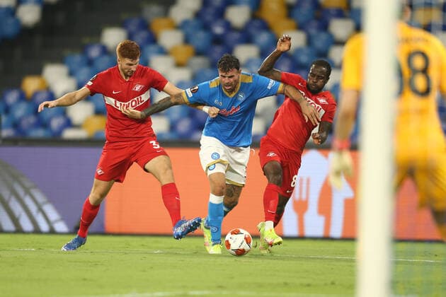 Italy: Europa League football match SSC Napoli vs Spartak Mosca SSC Napoli s Italian striker Andrea Petagna challenges for the ball with Spartak Mosca s Belgian defender Maximiliano Caufriez (L) and Spartak Mosca s Nigerian midfielder Victor Moses during the UEFA Europa League first round day three Group C football match between SSC Napoli and Spartak Mosca at the Diego Armando Maradona Stadium in Naples, southern Italy, on September 30, 2021. ABPH3075 Copyright: xAntonioxBalascox