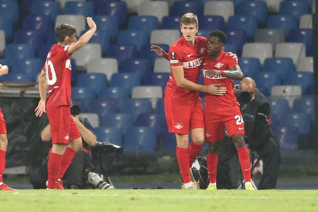 Italy: Europa League football match SSC Napoli vs Spartak Mosca Spartak Mosca sÊDutch midfielder Quincy Promes celebrates after scoring a goal during the UEFA Europa League first round day three Group C football match between SSC Napoli and Spartak Mosca at the Diego Armando Maradona Stadium in Naples, southern Italy, on September 30, 2021. ABPH3248 Copyright: xAntonioxBalascox