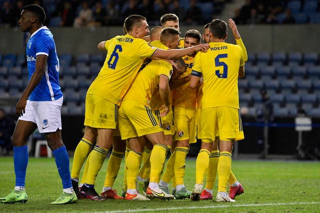 Dinamo s Luka Ivanusec celebrates after scoring the 0-1 goal during a soccer game between Belgian KRC Genk and Croatian GNK Dinamo Zagreb, Thursday 30 September 2021 in Genk, on day two (out of six) of the group stage of the UEFA Europa League, in Group H. JOHANxEYCKENS  x3104073x